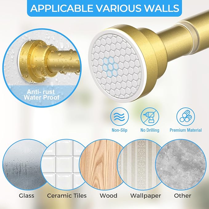 AIZESI Spring Tension Curtain Rod No Drilling 45 to 77 Inch, 7/8" Diameter, Gold Adjustable Shower Curtain Rods for Window Bathroom, Doorway, Closet & Kitchen