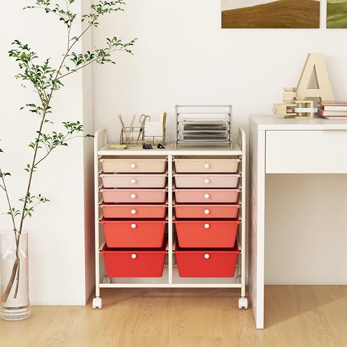 DREAMADE Mixed-pink 12-Drawer Rolling Storage Cart with Removable Drawers, Metal Frame, Polypropylene Drawers, Lockable Wheels