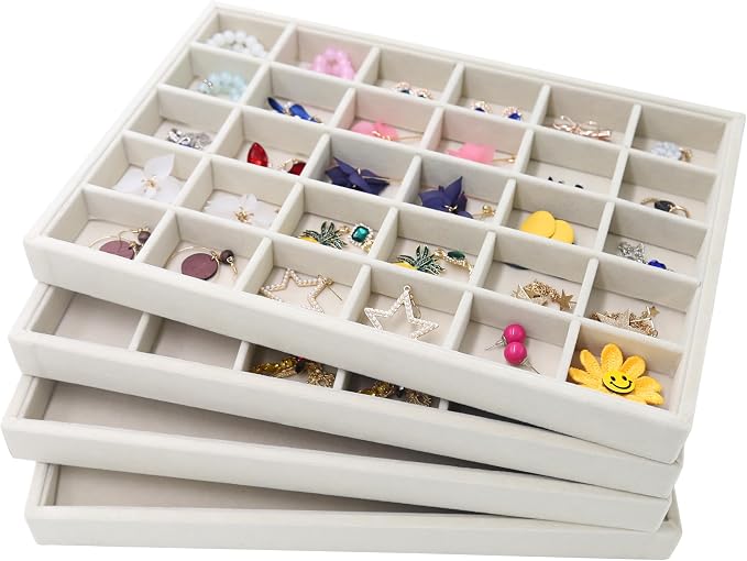 Stratalife 12 Grid Jewelry Organizer Tray, Stackable Drawer Earring Organizer with Adjustable Dividers, Jewelry Display Tray for Necklace Earring Ring Bracelet, 13.8" x 9.4" x 1.2", Beige