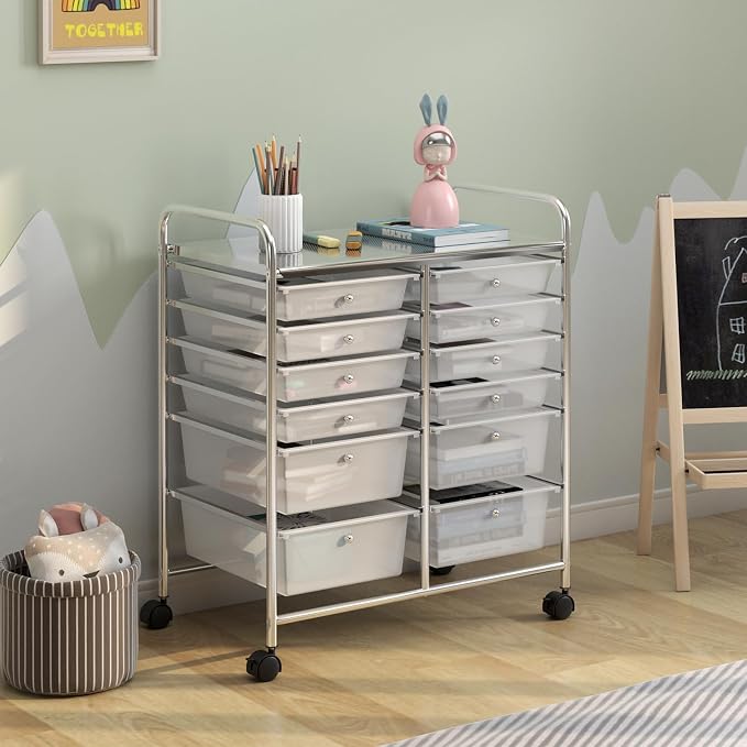 DREAMADE Rolling Cart with Storage Drawers, Utility Cart with Removable Plastic Drawers, Lockable Wheels, Art Cart for Classroom Organization Art Supplies Office Scrapbook (12 Drawers, Transparent)