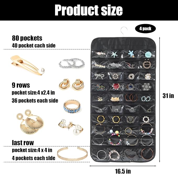 4 Pack Black Hanging Jewelry Storage with 80 Pockets, Double-Sided Closet Jewelry Organizer Hanging for Earrings, Necklaces, Rings, Bracelets