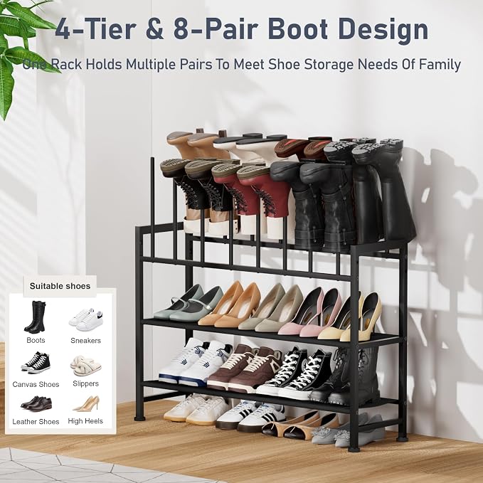 DIMJ Boot Rack 4-Tier - Black Metal Boot Storage Rack for Tall Boots Organizer, Multiuse Shoe Rack for Boots, Sneakers, High-Heel, Entryway, Fit for 8 Pairs, Black