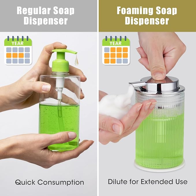 NiHome Foaming Hand Soap Dispenser 14oz Ribbed Glass, Non-Slip Bath Kitchen | Vertical-Ribbed Glass Bottle with Foam Pump and Stable Non-Slip Mat for Bathrooms and Kitchens