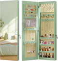 LVSOMT Over The Door Jewelry Organizer, 6 LED Wall Mounted Jewelry Cabinet | Lockable 42.5" Full Length Mirror with Jewelry Storage, Hanging Jewelry Mirror Cabinet, Jewelry Armoire for Women, Green
