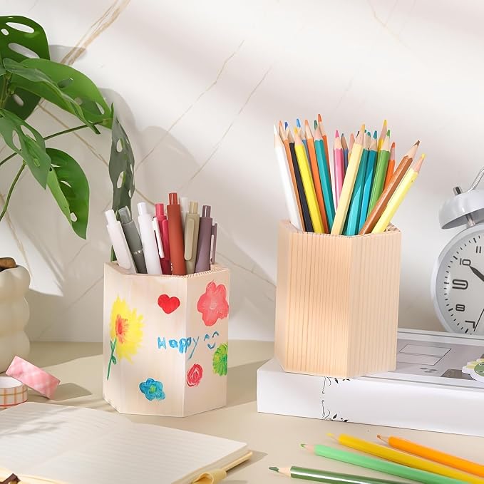 5 Pack Wooden Pencil Holder Cups, DIY Desk Organizer, 3.9in | Wooden Pencil Holder | DIY Pencil Cup