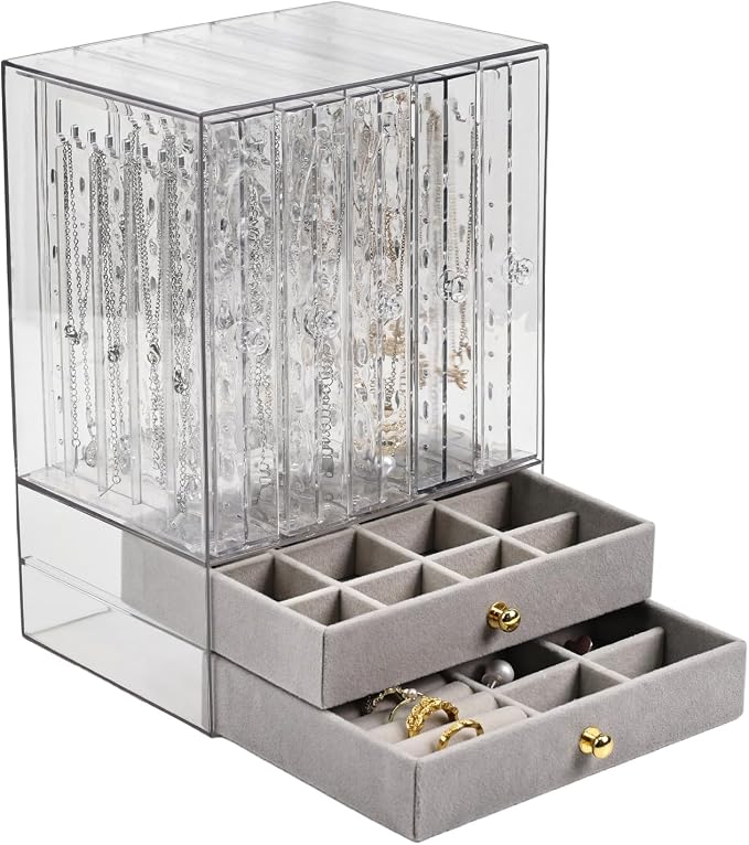 Greenfeather Jewelry Organizers and Storage, Clear Acrylic Jewelry Box with 40 Necklace Hooks 120 Pairs of Earring Holes 2 Velvet-Lined Drawers for Rings Necklaces Earrings