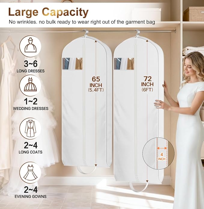MISSLO 72" Wedding Dress Garment Bag for Travel Waterproof Dress Bags for Gowns Long 4" Gusseted Dresses Protector Bag for Closet Storage Clothing Covers for Hanging Clothes, White
