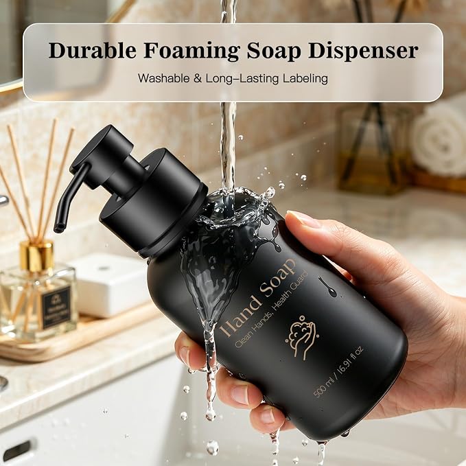 16.9 Oz Glass Foaming Soap Dispenser 2 Pack(Black) | Refillable Hand & Dish Soap Pump, With Silicone Tray & 8 Waterproof Labels, For Bathroom & Kitchen，Perfect Housewarming Gift
