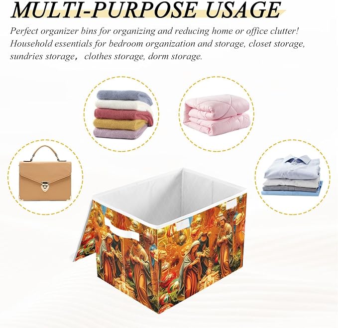 Nativity Scene Art Lidded Storage Bins with Handles - 16.5"x12.6"x11.8" Foldable Organizing Box, Oxford Fabric & Honeycomb Board, Dust-Proof Flip Lid for Closet/Office