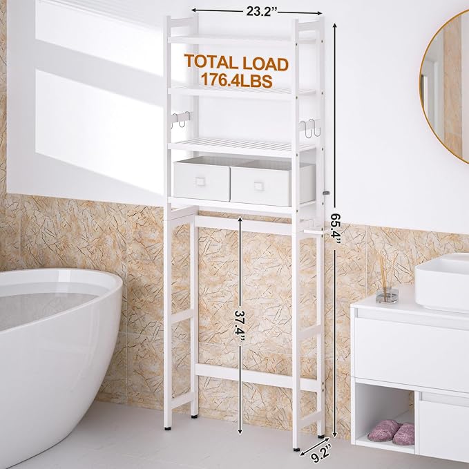 Cozivolife Over The Toilet Storage: 4-Tier Bamboo Organizer Rack with 2 Baskets & Paper Holder & 4 Hooks & Waterproof Feet Pad, Adjustable Freestanding Shelf for Bathroom (White)