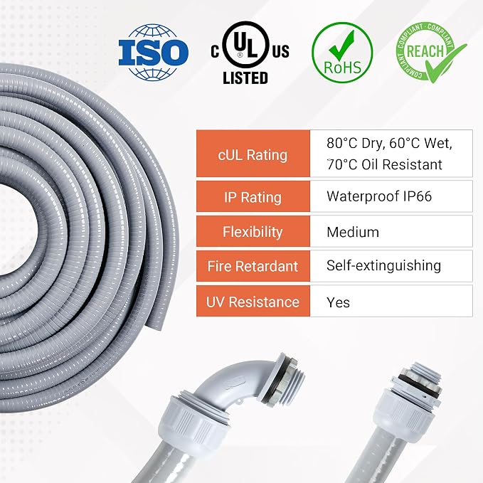 Liquid-Tight Conduit 3/4 150ft w/UL Certification | Flexible Electrical Conduit with 5 Straight and 5 90-Degree Conduit Connector Fittings Gray