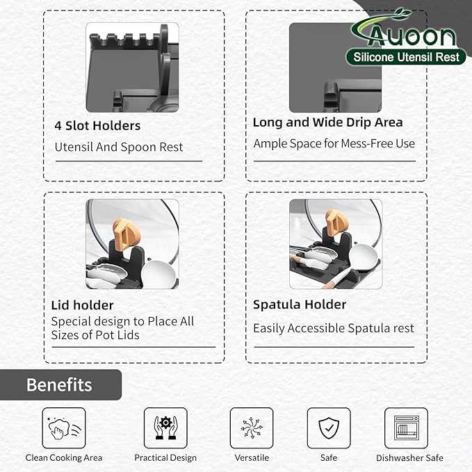Auoon Silicone Spoon Rest with Lid Holder, 3-in-1 Kitchen Utensil Rest for Soup Ladles, Pot Lids, Spatulas, Spoons, Tongs, BPA Free & Dishwasher Safe, 8.26 x 8.06 Inch (Gray, Large)