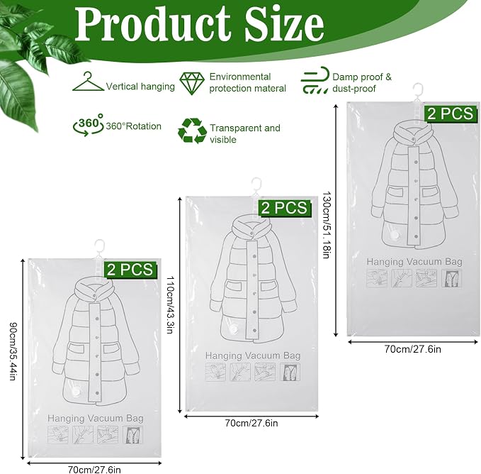6 Pack Hanging Vacuum Storage Bag Combo, 3 Sizes Hanging Vacuum Sealer Storage Space Saver Bags(2 Long, 2 Medium, 2 Short), Reusable Space Saver Bags, for Suits, Dresses, Jackets, Clear
