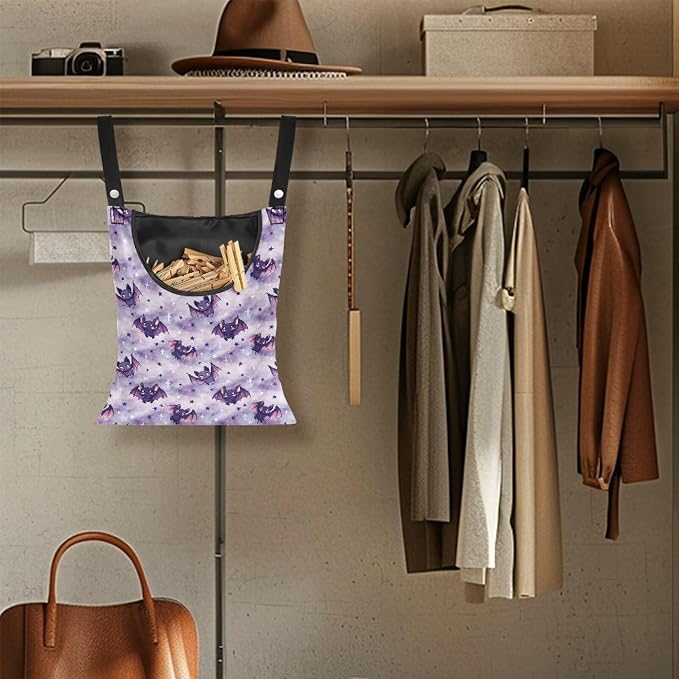 Purple Bat Clothespin Bag Space-Saving Laundry Hanging Storage Organizer Clothes Pin Hanging Bag with Rope Holds 100 Clothes Pins for Clothesline Outdoor Clothespin Accessory Bag