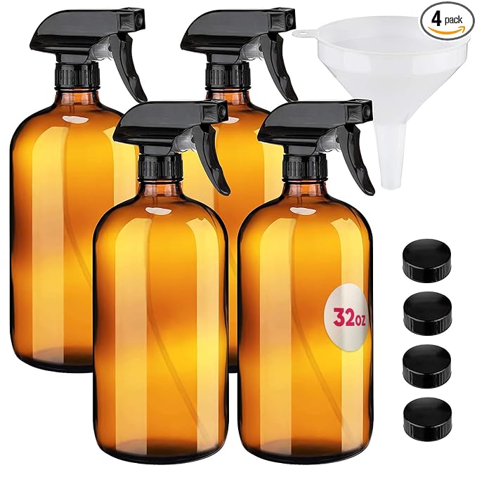 Large 32oz Amber Glass Spray Bottles with Funnel - Refillable Trigger Sprayer Containers for Oils, Cleaning Products, Plant Misting, Cooking, Hair, and Beauty. Includes 4 Bottles and 1 Funnel.