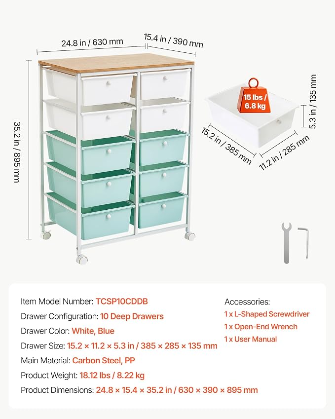 VEVOR Rolling Cart with Drawers, Double Row 10 Drawer Storage Organizer, Mobile Utility Cart, Wood Top, Steel Frame, Universal Casters & 2 Brakes, for Office, Classroom, Craft Room, Studio, Blue White