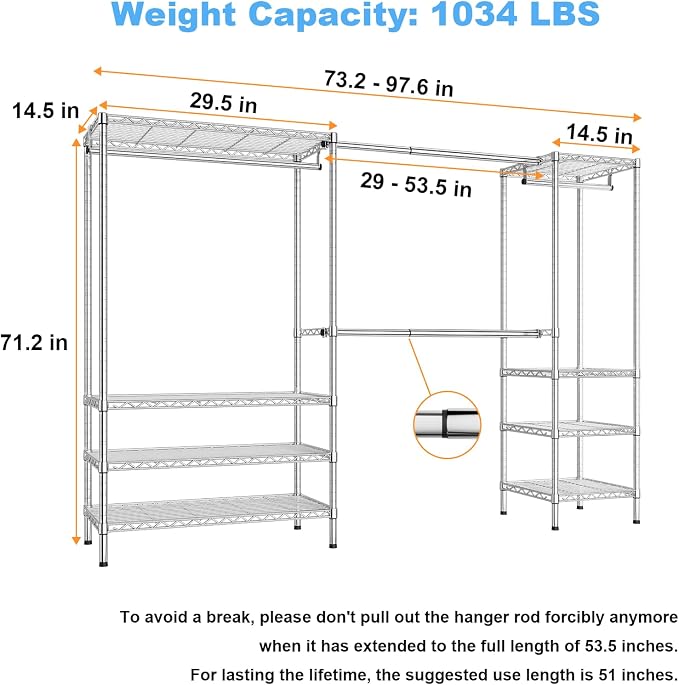 Ulif E11 Heavy-Duty Garment Rack, Metal Freestanding Clothes Rack and Closet Storage Organizer System with 8 Shelves and 4 Hanger Rods, (73.2-97.6)" W x 14.5" D x 71.2" H, Load 1034 LBS, Chrome