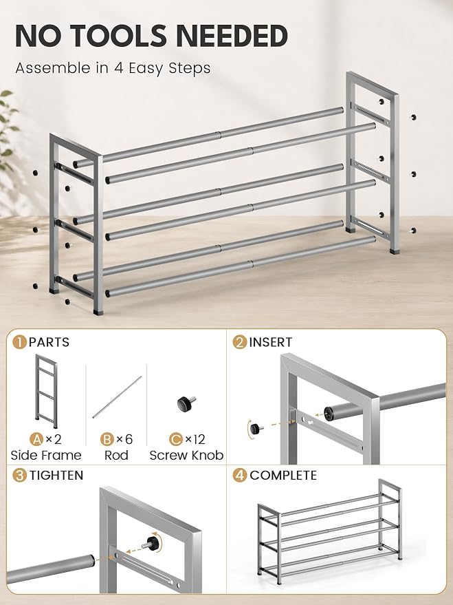 Bumusty 3-Tier Expandable Shoe Rack for Closet, 18“-33” Adjustable Shoe Rack for Small Space, Small Shoe Organizer for Front Door, Sturdy Metal, Light Grey