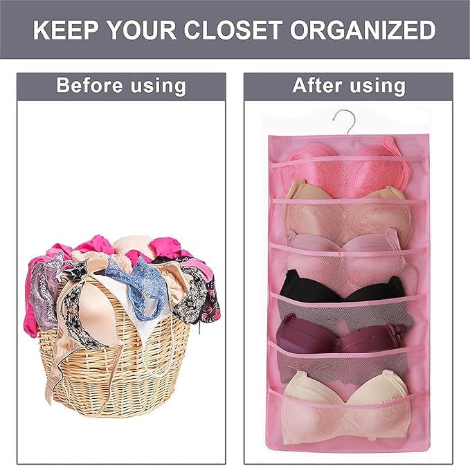 Hanging Mesh Pockets Dual-Sided Closet Organizer for Underwear,Bra,Socks,Accessories with Hanger,Total 24 Pockets Pink