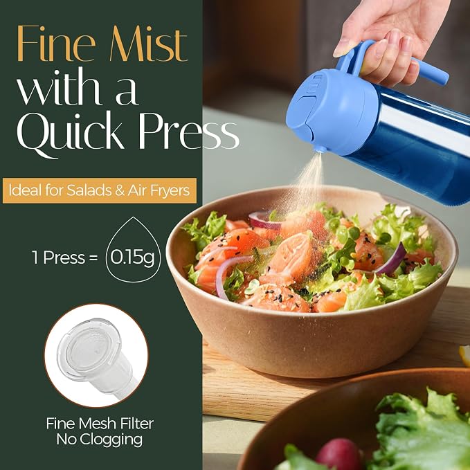 YARRAMATE 16oz/470ml Light-Blocking Dark Oil Sprayer for Cooking, 2 in 1 Olive Oil Dispenser Bottle for Kitchen, Premium Blue Glass Oil Bottle, Food-Grade Oil Mister for Air Fryer, BBQ (Skyblue)