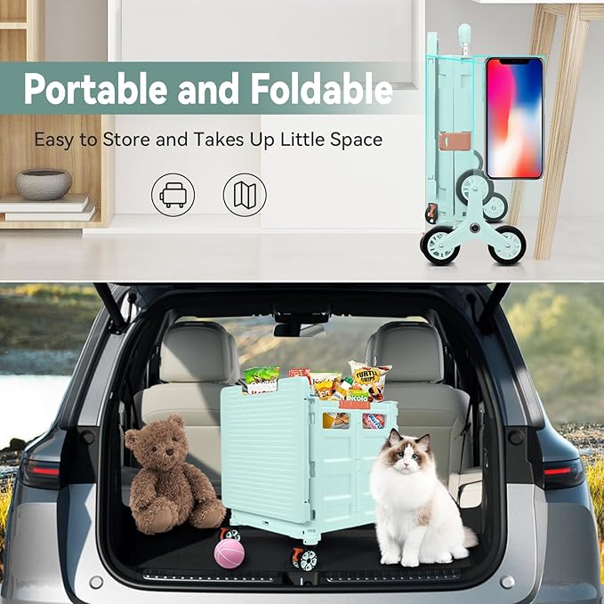 Foldable Utility Cart Portable Crate Rolling Dolly with Telescopic Handle,Can be Pulled diagonally, Magnetic Retractable Lid, 360°Swivel Climbing Wheels for Shopping Carrying Groceries Move Green