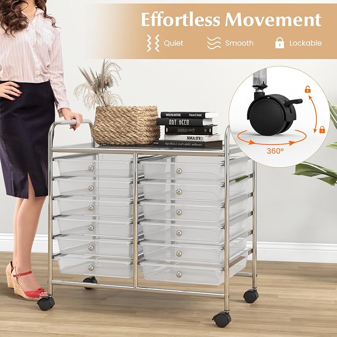 LDAILY 12 Drawer Rolling Storage Cart, Craft Cart Organizer on Wheels w/Metal Frame, Large Capacity & Smooth Drawer, Rolling Cart w/Drawers for Classroom, Office