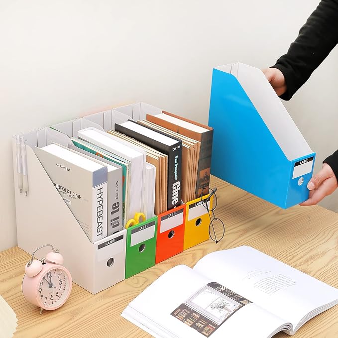 Foldable Desk File Holder Organizer Sturdy Cardboard Magazine Storage Box Document Rack with Blank Label Stickers for Home School Office (15, Multicolor)