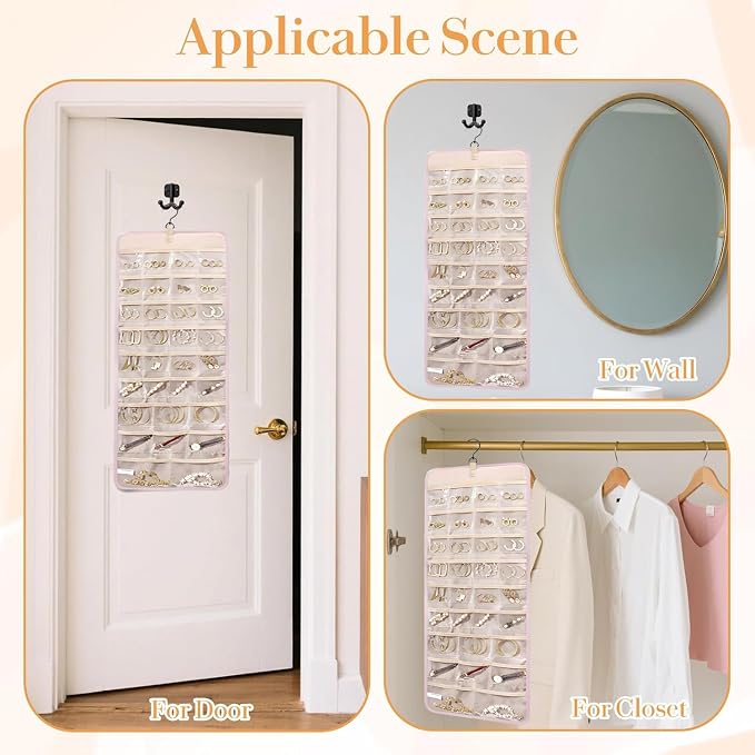 Hanging Jewelry Organizer Storage Roll with Hanger Metal Hooks Double-Sided Jewelry Holder for Earrings, Necklaces, Rings on Closet, Wall, Door,Large 14.17' x 33.07'',pink