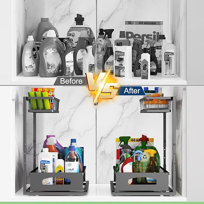 Under Sink Organizer, 2 Pack Height-Adjustable Cabinet Organizer with Slide-Out Bottom Drawer, Fits Around Pipes, Heavy-Duty Metal Storage for Kitchen and Bathroom, Black (Black, 2 Pack)