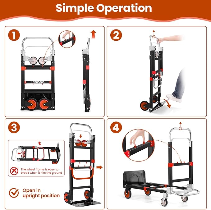 3-in-1 Folding Hand Trucks, 600Lbs Convertible Hand Truck Dolly, Heavy Duty Convertible Dolly with Retractable Handle and 4 Rubber Wheels, Collapsible Cart for Moving Office/Home/Warehous(Red)