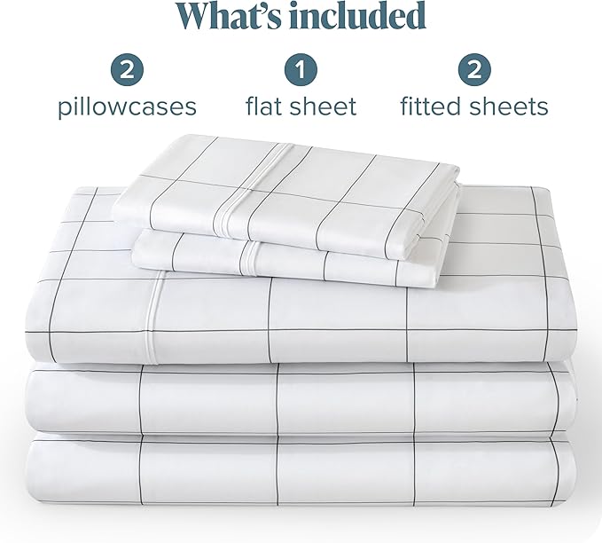 Bare Home Split King Sheet Set - 1800 Ultra-Soft Microfiber Bed Sheets - Double Brushed - Deep Pockets - Easy Fit - 5 Piece Set - Bed Sheets & Pillowcases (Split King, Grid - White/Grey)