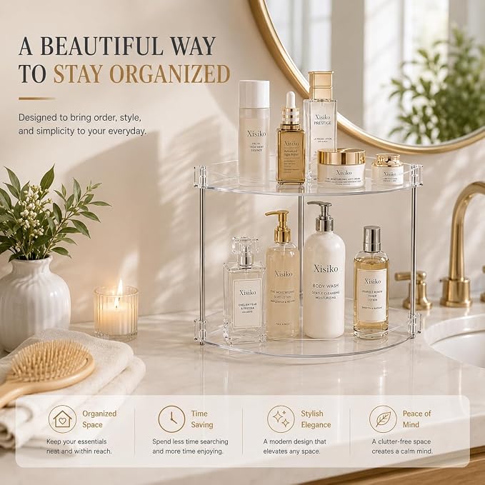 2 Tier Clear Corner Bathroom Counter Organizer, Vanity Countertop Storage Shelf for Makeup, Skincare, Perfume, Kitchen & Sink Organization, Space‑Saving Triangular Design, with Metal Support