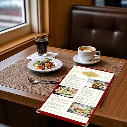 Goodsmart Restaurant Menu Covers – 25 Pack Red 2-View, Top-Loading Menu Holders, Vinyl & Plastic Café Menu Covers, Clear Menu Sleeves, Fits 8.5" x 11", Leather-Style Design, Gold Corners