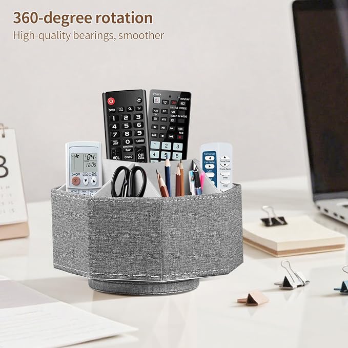 Swivel Remote Control Holder, 9 Rooms Desk Organizer and Decorations for Living Room, Leather Bedside Storage Caddy for TV Controllers/ Makeup Brush Pen/ Office Stationery/ Art Supplies/ Eyeglasses