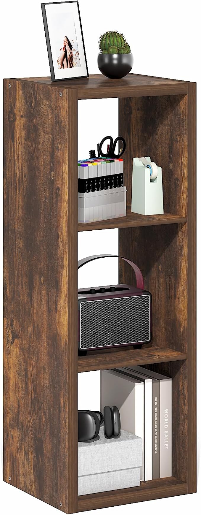 Furinno Cubicle Book Shelf, 3-Cube Bookshelf, Extra Thick Frame Horizontally & Vertically Reversible Bookcase with Open Back, 14.6" x 16" x 44", for Living Room, Bedroom, Home Office, Amber Pine