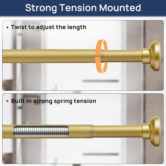 ENJOYBASICS Shower Curtain Rod 30 to 64 Inches, Stainless Steel Adjustable Spring Tension Rods No Drill for Bathroom, Closet, Window, Room Divider, Never Rust, Non Slip, Gold