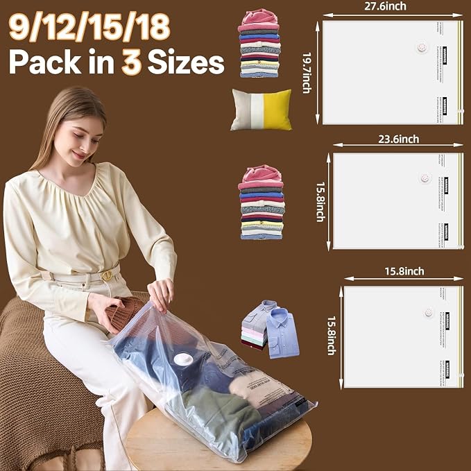 Travel Vacuum Storage Bag with Rechargeable Cordless Pump, 15 Pack Vacuum Seal Space Saver Bags for Clothing Clothes Luggage & Suitcase Compression Packing