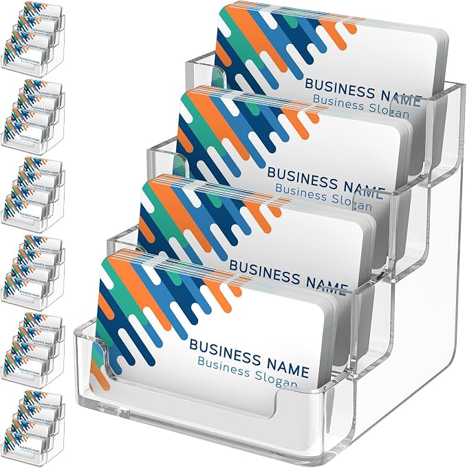 MaxGear Acrylic Business Card Holder, 320 Cards Capacity, 4 Pocket, 6 Pack | Clear Business Card Stand for Desk with 4 Tier, Clear Plastic Cards Display Holder for Exhibition, Home and Office