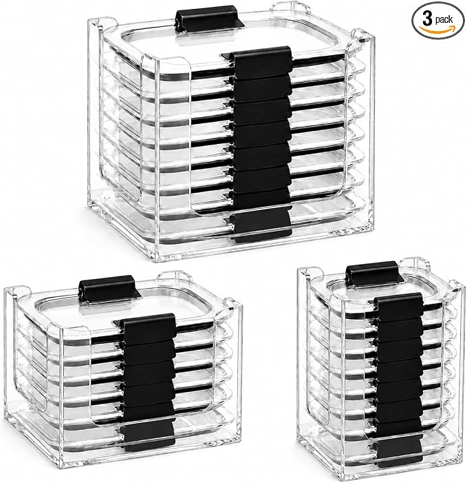 3PCS Clear Acrylic Food Container Lid Organizer for Rubbermaid Brilliance Nap-on Lids, Stackable Lid Holder Rack, Kitchen Storage Holder 4.7 Cup, 3.2 Cup, 1.3 Cup. 0.5 Cup Container, Holds 24 Lids