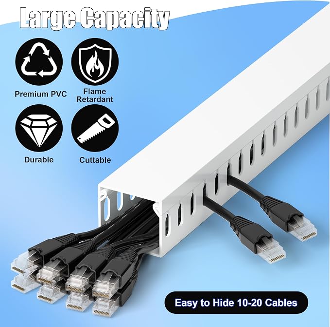 1.4"H x 1.6"W Cable Raceway, 12ft Under Desk Wire Management Channel, White | Slotted Wire Duct, 4 Pack (3 ft Each), Heavy-Duty PVC Cable Management for Server Racks, Network Cables & Electrical Cabinets