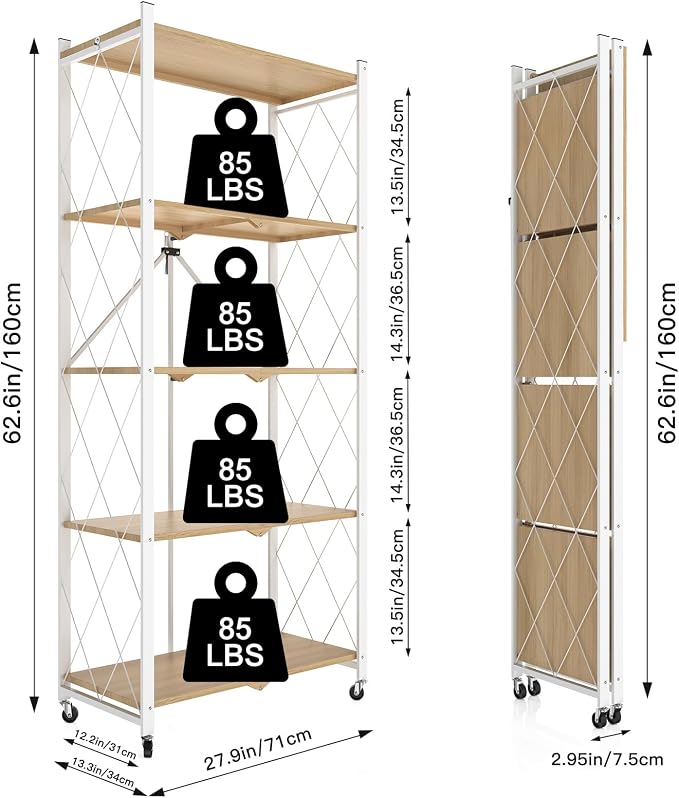 5 Tier Folding Storage Shelves with Wheels, Foldable Bookshelf No Assembly Collapsible Shelf Heavy Duty Rolling Shelving Unit for Kitchen Bedroom Living Room (White, 27.9"x 13.3"x 62.6")