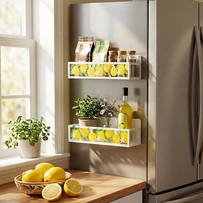 Beeveer 2 Pack Lemon Magnetic Spice Rack Metal Fridge Magnet Storage Shelf for Refrigerator Condiment & Seasoning Bottles, Farmhouse Kitchen Organizer Home Decor Accessories