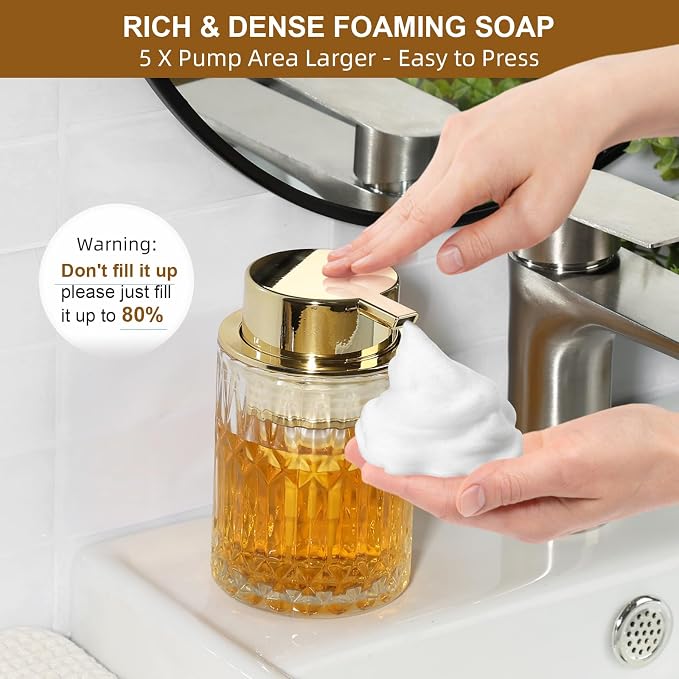 RYTOXILO Foaming Soap Dispenser, Gold Glass Foam Hand Soap Dispenser for Bathroom, Refillable 7.8 Fl Oz Foamy Pump Bottle with Plastic Golden Pump, Modern Dish Soap Foam Dispenser Container