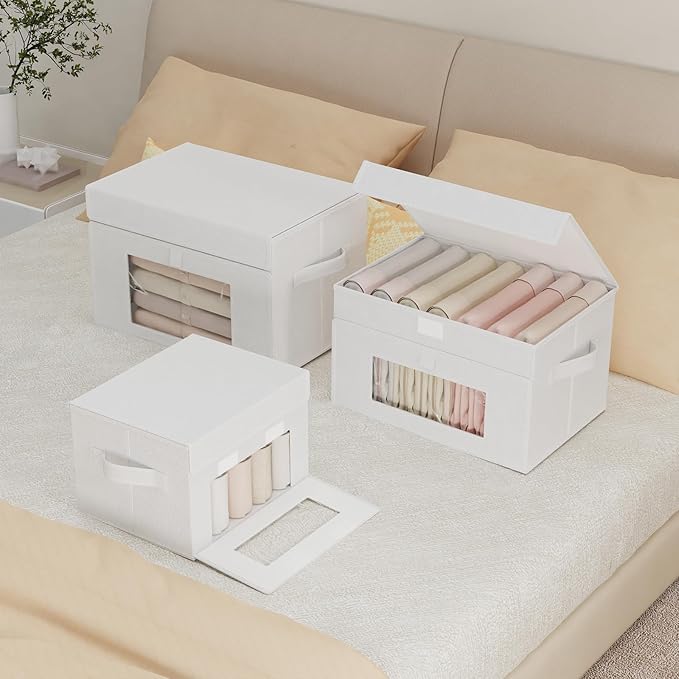 Storage Bins with Lids, Cube Organizer Basket with Window, Closet Boxes with Carrying 2 Handles and Sturdy PP Support Plate, 2 Pack, White, 15 x 9.8 x 9.8 In, XSNY17WL-2