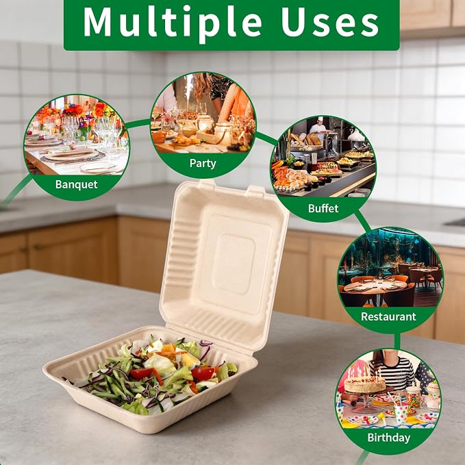 Aricsen Compostable 1 Compartment 100 Pack 8×9 Inch TakeOut Lunch Box Containers with Lid Togo Take Out Clamshell for Food, To Go Disposable Eco-Friendly Biodegradable Bagasse, PFAS-Free, Brown