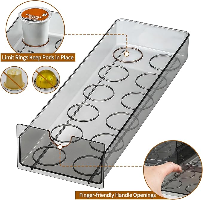 Sturdy Acrylic Coffee Pod Holder Organizer for K Cup, Under Brewer Sliding Drawer for K-cup, 36 Pods Storage for Kpods - Coffee Accessories for Keurig/Other Coffee Maker on Counter, Clear Black