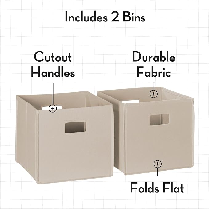 RiverRidge Folding Storage Bins - 2-pack of 10in Tall Taupe Cubes | Fabric Bins, Set of 2 Storage Cubes, Cut-out Handles, Playroom Closet Organizer, Collapsible Cubby with Bottom Board Insert