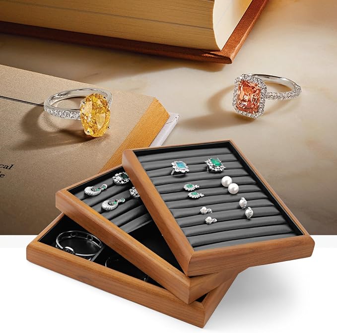 Oirlv Solid Wood 12 Grid Jewelry Organizer Tray Jewelry Drawer Organizer for Rings Earrings Storage Display(Black)
