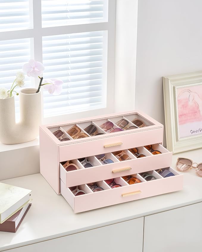 Lolalet Sunglasses Storage Box for Women, Eyewear Eye Glass Organizer with Clear Top Display Holder Case
