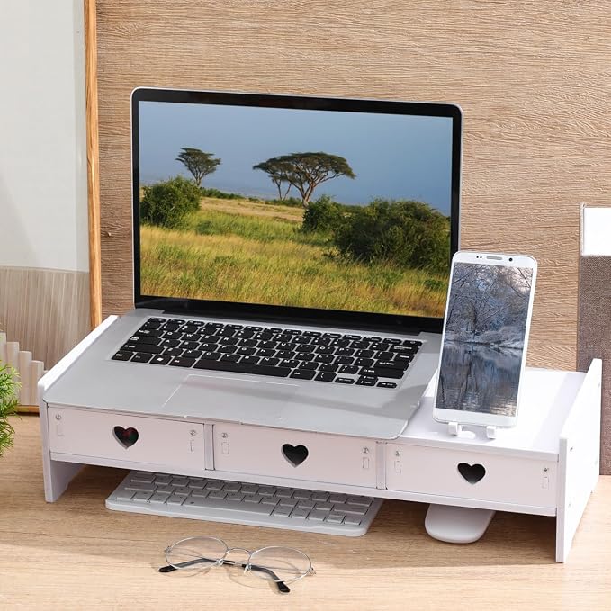 Computer Monitor Riser with Drawer Keyboard Storage Rack for Desk Organization Desk Shelf Organizer for Laptop 19.29 X 7.48 X 3.93 in White Wood-Composite